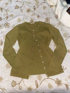 Olive Green Pearl Button Shimmer Cardigan