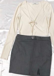 Ribbed Cardigan & Pinstripe Mini Skirt Set