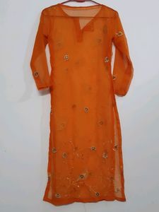 Chiffon Embroidered Orange Long Kurti