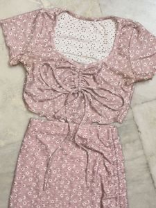 Two Piece Floral Ruched Crop Top And Skirt
