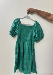 Green Eyelet Puff Sleeve Dress From Zudio