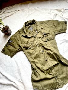 Cinched Waist Olive Green Shirt