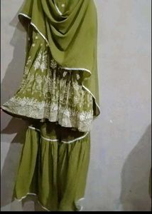 Olive Green Embroidered Garara Kurti with Dupatta