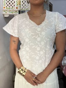 Half Sleeve White Short Kurti