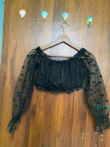Black Off Shoulder Crop Top With Polka Dots