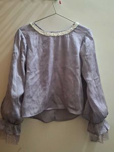 Lavender Organza Pearl-Collar Blouse