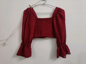 Elegant Red Crochet Puff Sleeve Top