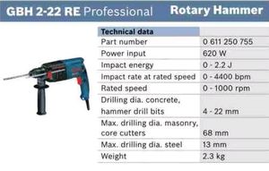 Bosch Rotary Hammer Drill Machine GBH 2-22 RE (Reversable )Along Wood And Steel Drill Bits