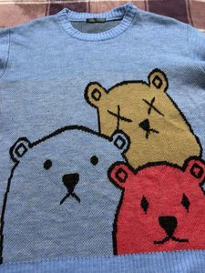 Cute Bear Print Blue Sweater