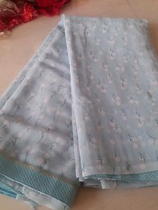 Light Blue Floral Print Saree With Stitched Blous