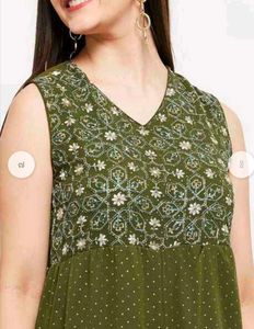 Olive Green Embroidered Tiered Midi Dress