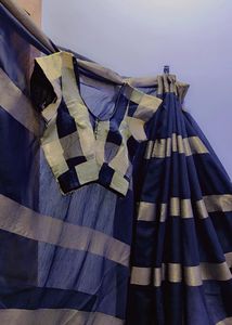 Elegant Navy Blue Striped Saree
