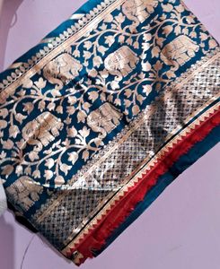 Silk Saree : Ainmal Printed Teal and Gold