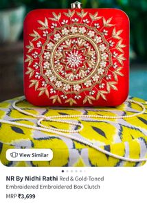 Red And Gold Toned Hand Embroidered Clutch