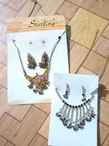 2 Necklace & Earring Sets - Sterling & Golden