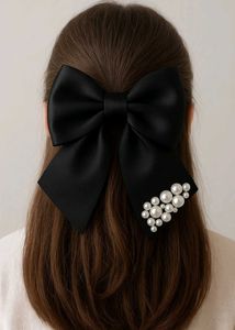 Black Bow Hair Clip with Pearls