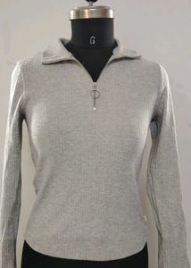 Gray Ribbed Quarter Zip Pullover