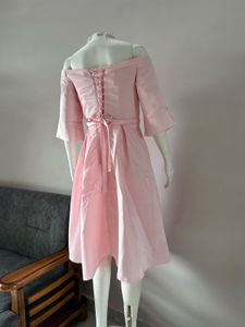 pink off shoulder satin midi gown