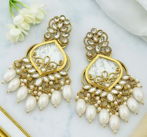 Heavy White Kundan Dangle Earrings- Brand New