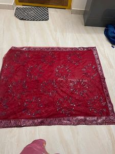 Red Colour Netted Designer Saree Without Blouse