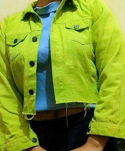 Stylish Crop Lime Green Denim Jacket For Girls