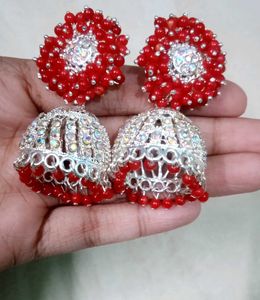 Red & White Jhumka Earrings