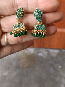 Dark Green And Golden Earrings