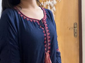 Navy Blue Top With Embroidery Work For Women