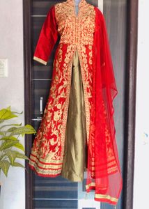 Elegant Cherry Red Gown Set with Dupatta