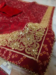 bandhani design Red Embellished Saree
