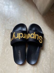 Superdry Embossed Typography Satin Flatform Slides