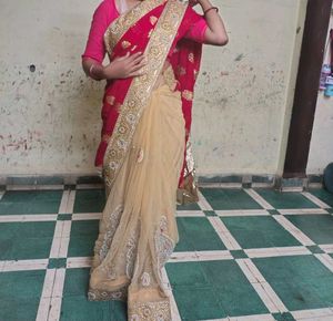 Elegant Red & Gold white net Saree