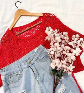 Pinterest Oversized Hot Red Crochet Knit Top D