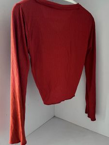 Rust Ribbed Long Sleeve Tie Top