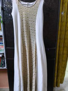 Elegant White & Gold Embellished Maxi Dress