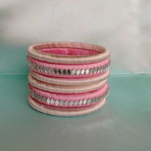 Mirror worked Pink &amp; White silk thread Bangle Set