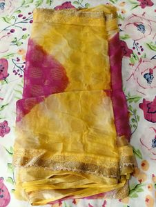 Chiffon Yellow And Pink Saree with Blouse