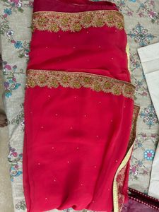 Coral Colour Saree With Stitched Blouse