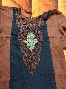 Women Brown Embroidered Cotton Mix Kurta