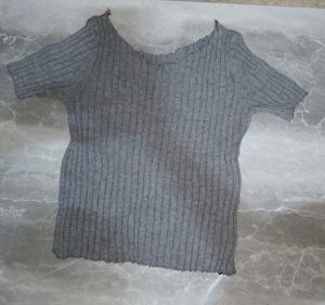 Gray Ribbed Knit Top
