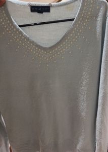 Blue Sweater With Pearl Design On Neck