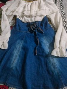Denim Skirt &amp; Ruffle Blouse Set