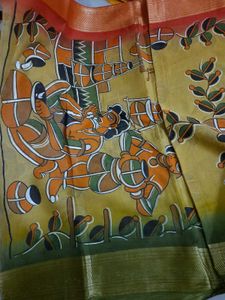 Beautiful Hand Painted Yellow &amp; Olive Green Sari