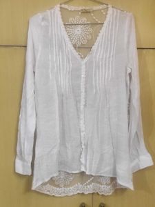 White Floral Lace Trim Button-Up Top