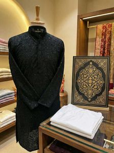 Men&#39;s Jet Black Sequin Embroidered Kurta .