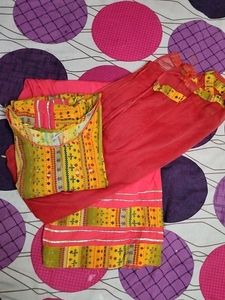 Rayon Kurta Plazo With Dupatta,Red And Yellow Mustard Mix Colour It's A Beautiful Design With Plazo .lace And Mirror Work In Kurta