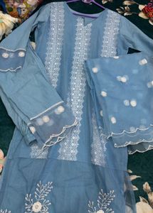 Elegant Blue Embroidered suit set organza dupatta