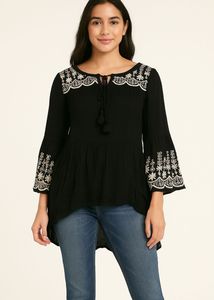 Embroidered Flare Sleeve Top High Low