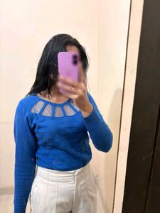 Blue Knit Top with Mesh Detail