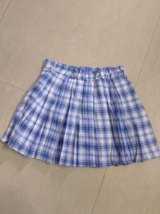 Blue And White Checked Korean Pleated Skirt